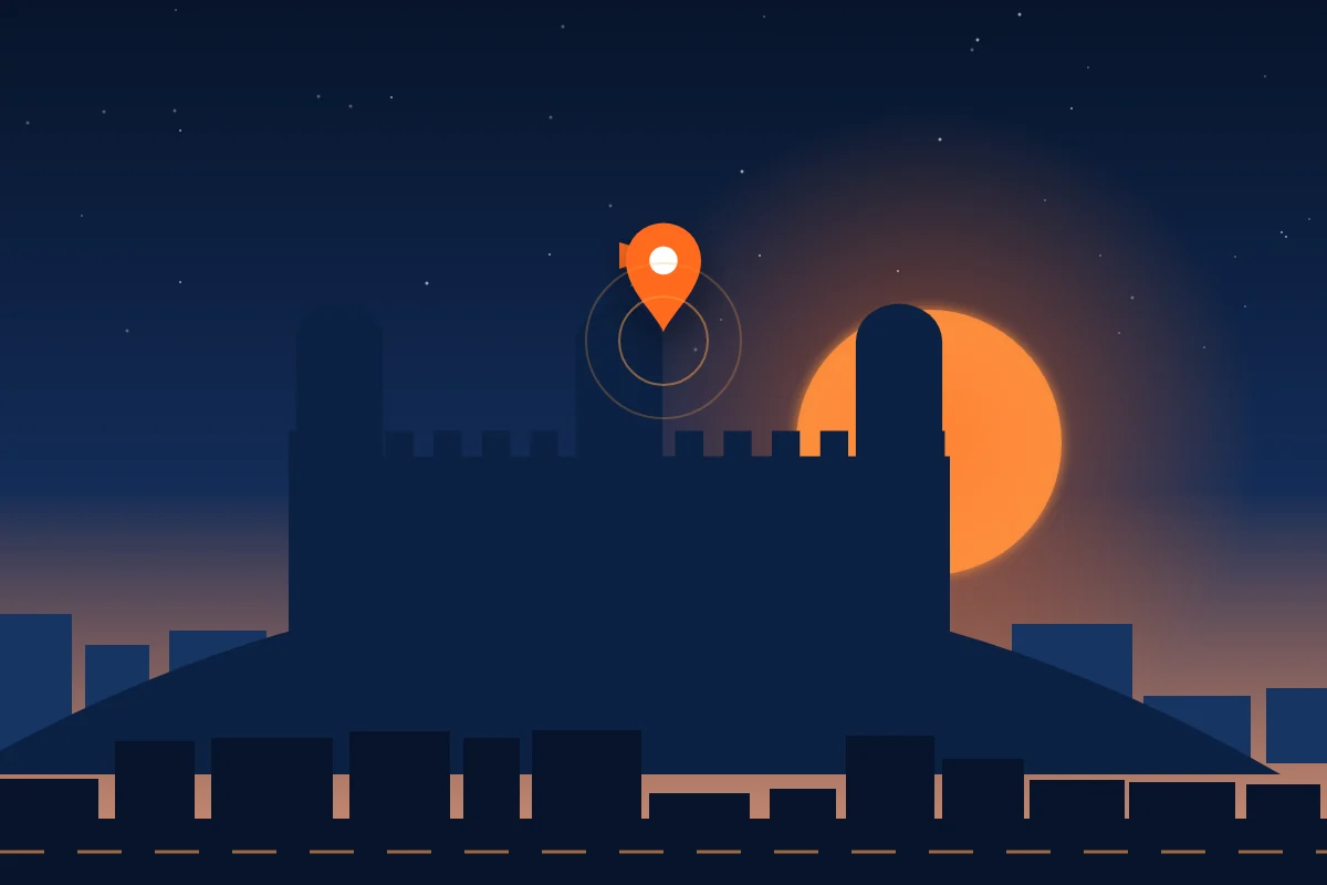 Illustration of Jhansi fort on the hill with a map pin, digital marketing in Jhansi