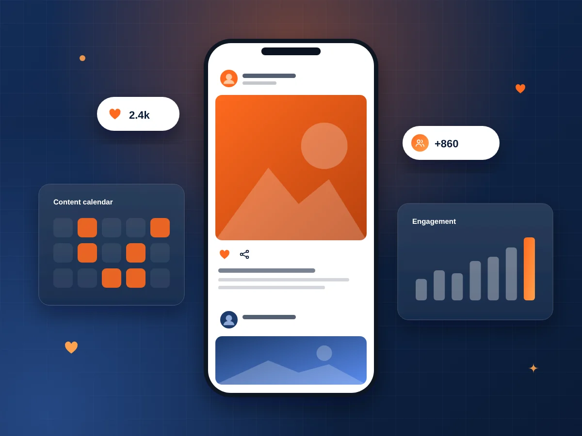 Phone showing a brand social media feed with likes, followers and an engagement chart